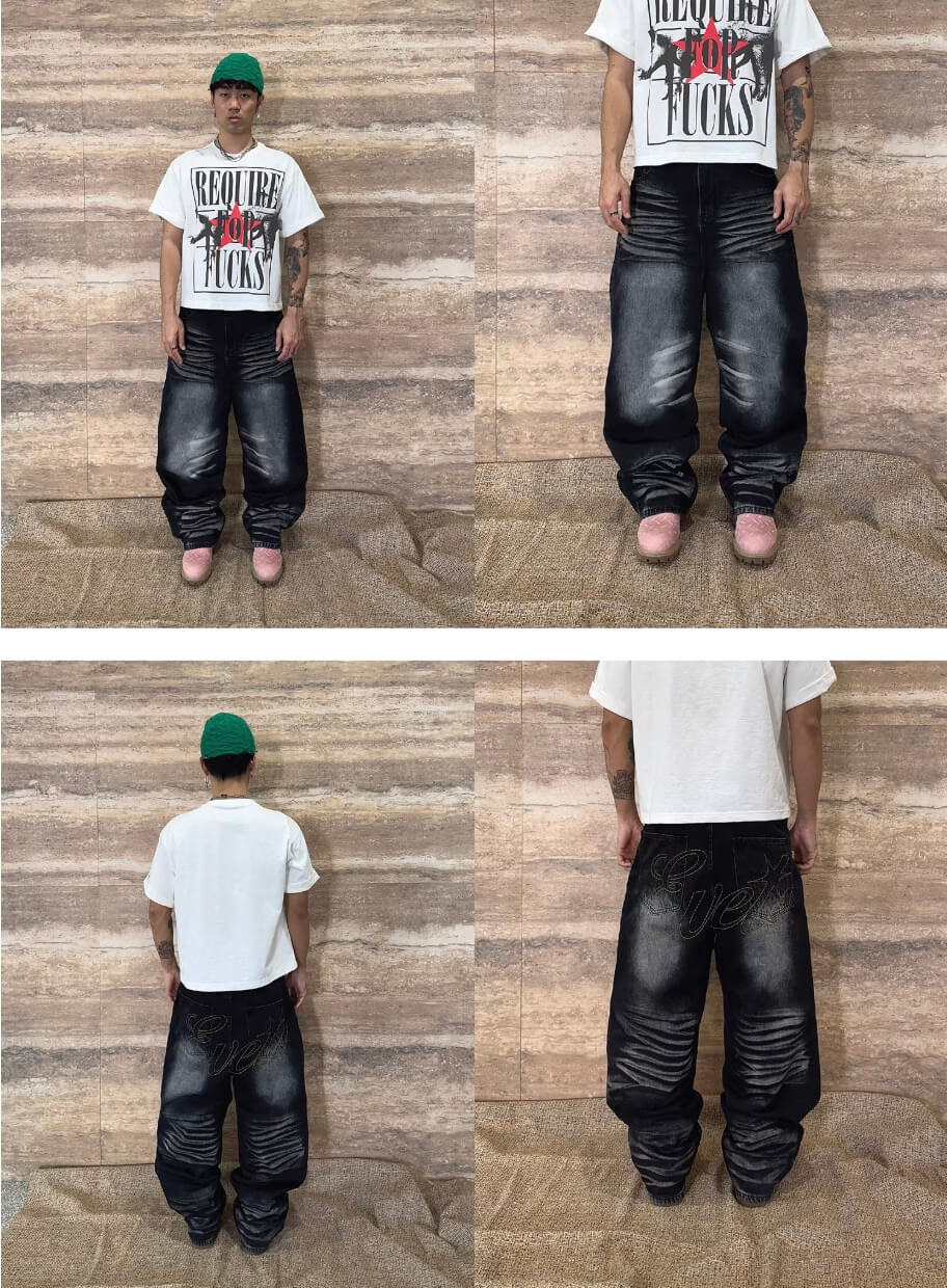 EVETS Whisker Washed Faded Baggy Jeans | Face 3 Face