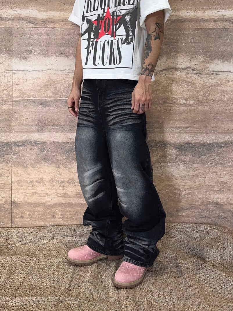 EVETS Whisker Washed Faded Baggy Jeans | Face 3 Face