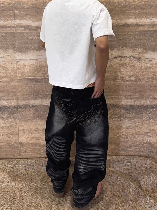 EVETS Whisker Washed Faded Baggy Jeans | Face 3 Face