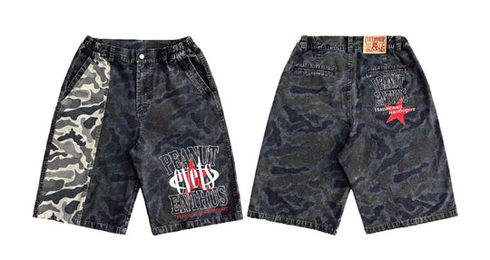 EVETS Washed Faded Camouflage Patchwork Shorts | Face 3 Face
