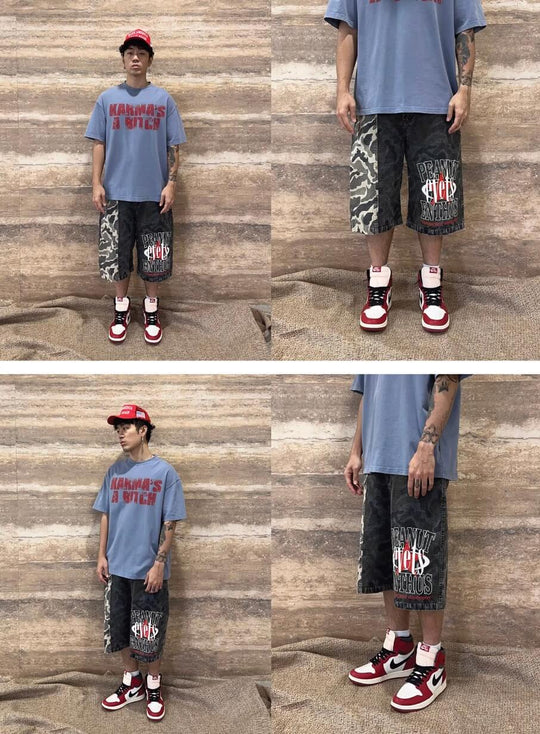 EVETS Washed Faded Camouflage Patchwork Shorts | Face 3 Face