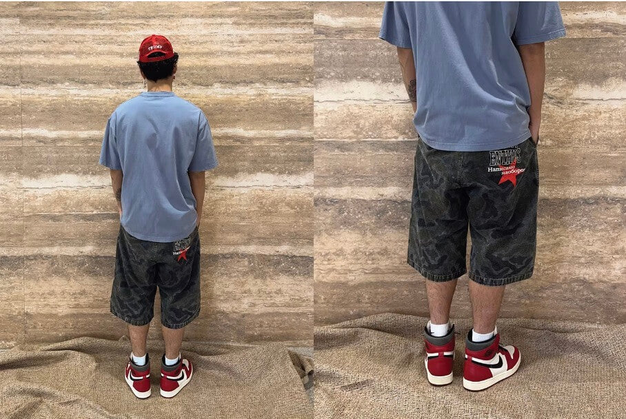 EVETS Washed Faded Camouflage Patchwork Shorts | Face 3 Face