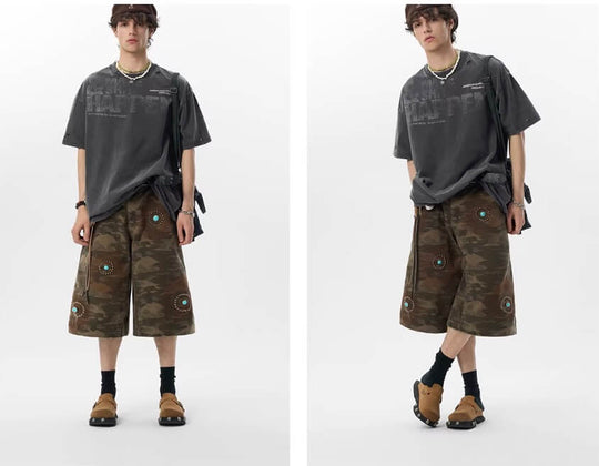 JHYQ Washed Camouflage Turquoise Studded Shorts | Face 3 Face