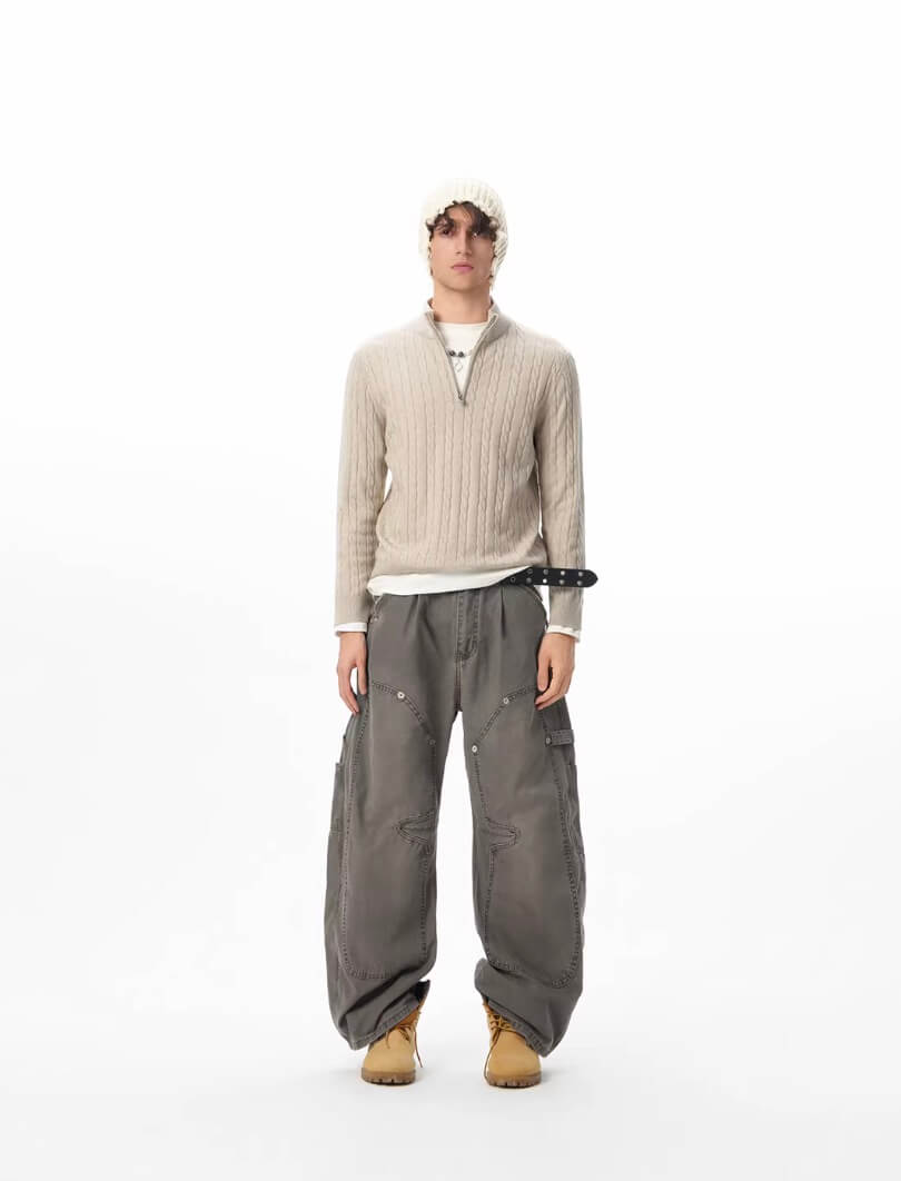 JHYQ Vintage Washed Baggy Double Knee Jeans | Face 3 Face