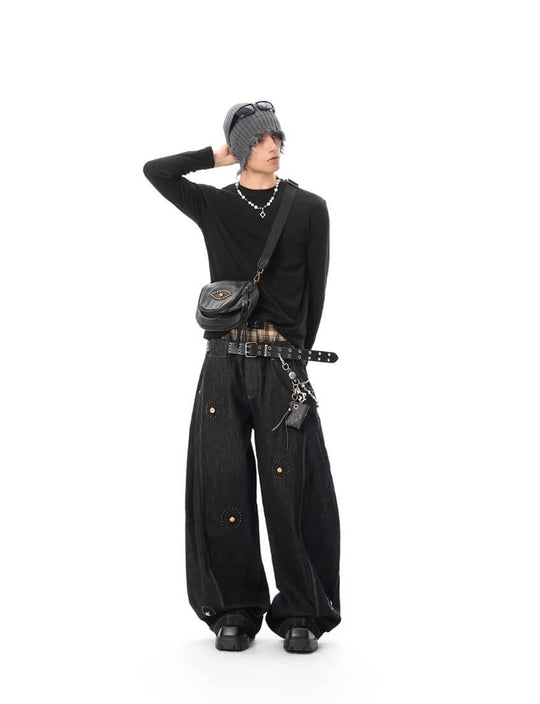 JHYQ Black Beaded Studded Curved Seam Machete Jeans | Face 3 Face