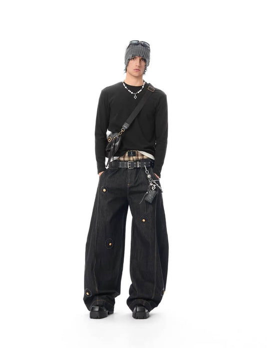 JHYQ Black Beaded Studded Curved Seam Machete Jeans | Face 3 Face