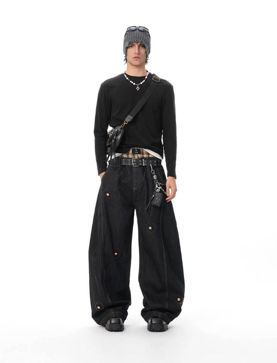 JHYQ Black Beaded Studded Curved Seam Machete Jeans | Face 3 Face