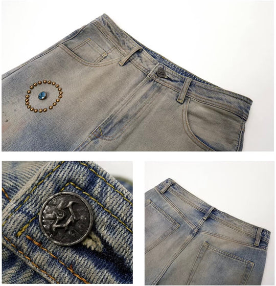 JHYQ Blue Beaded Studded Curved Seam Machete Jeans | Face 3 Face