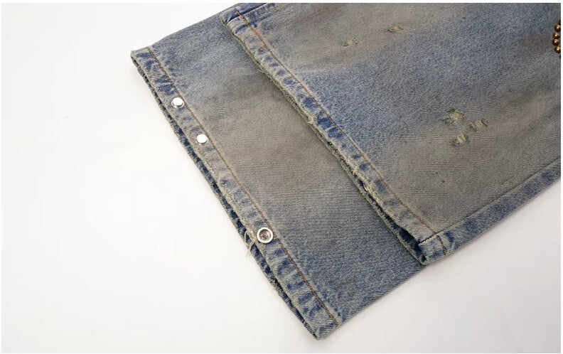 JHYQ Blue Beaded Studded Curved Seam Machete Jeans | Face 3 Face