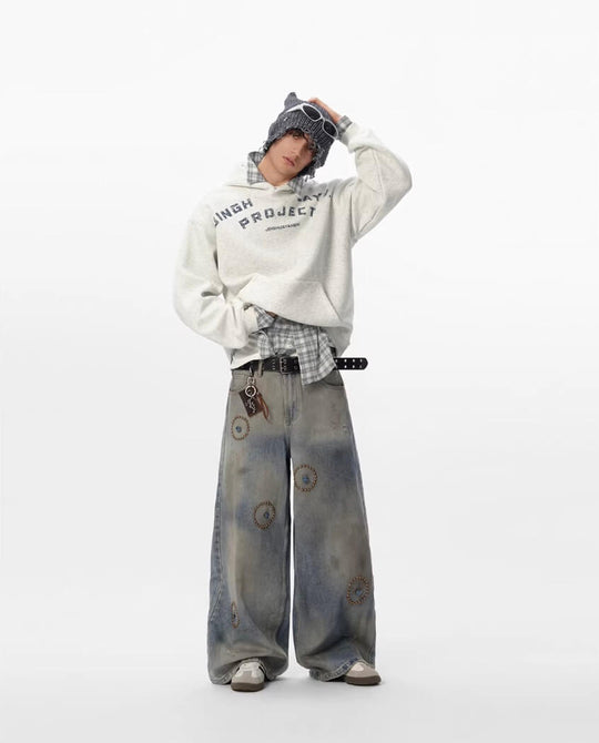 JHYQ Blue Beaded Studded Curved Seam Machete Jeans | Face 3 Face