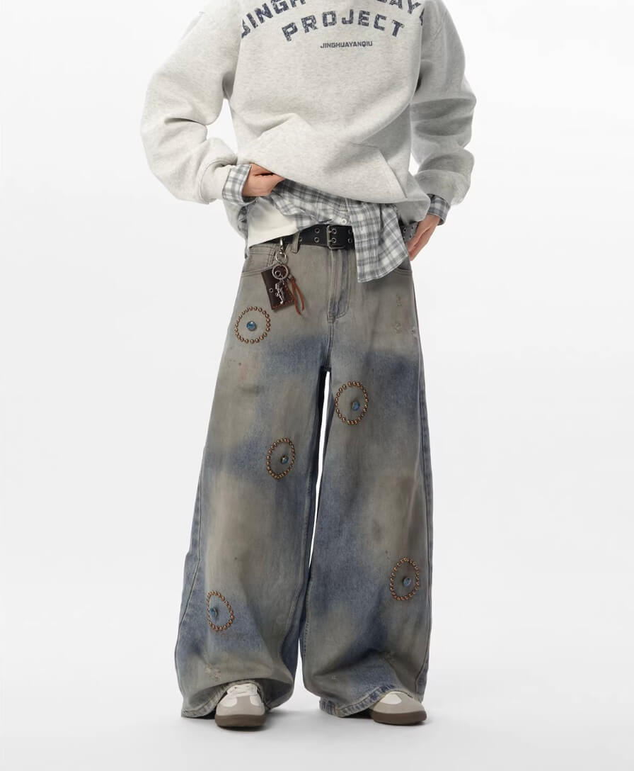 JHYQ Blue Beaded Studded Curved Seam Machete Jeans | Face 3 Face