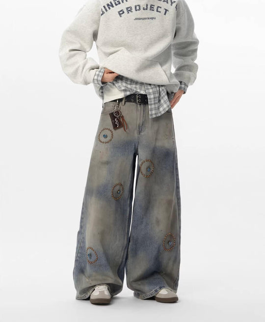 JHYQ Blue Beaded Studded Curved Seam Machete Jeans | Face 3 Face