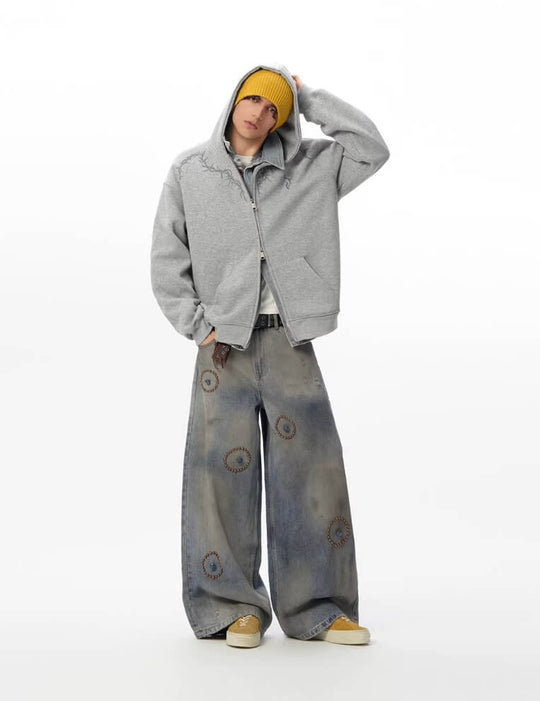 JHYQ Blue Beaded Studded Curved Seam Machete Jeans | Face 3 Face