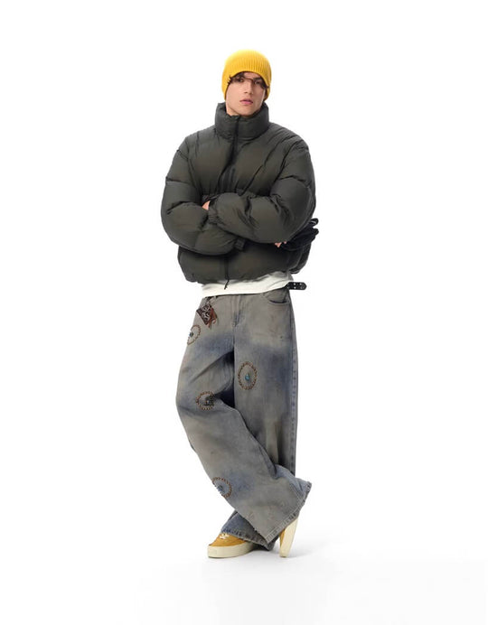 JHYQ Blue Beaded Studded Curved Seam Machete Jeans | Face 3 Face