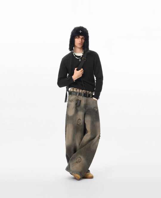 JHYQ Washed Ash Beaded Studded Curved Seam Machete Jeans | Face 3 Face