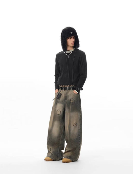 JHYQ Washed Ash Beaded Studded Curved Seam Machete Jeans | Face 3 Face