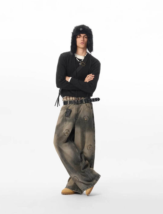 JHYQ Washed Ash Beaded Studded Curved Seam Machete Jeans | Face 3 Face