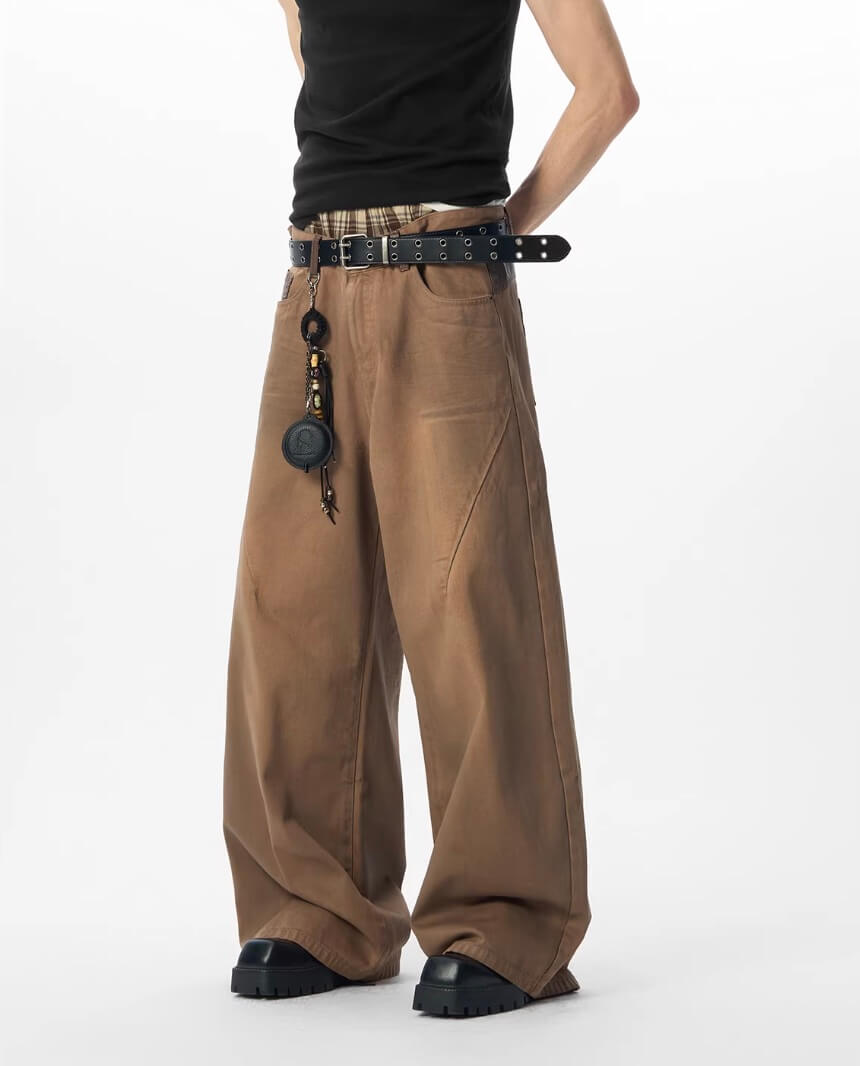 JHYQ Brown Washed 3D Cut Baggy Jeans | Face 3 Face