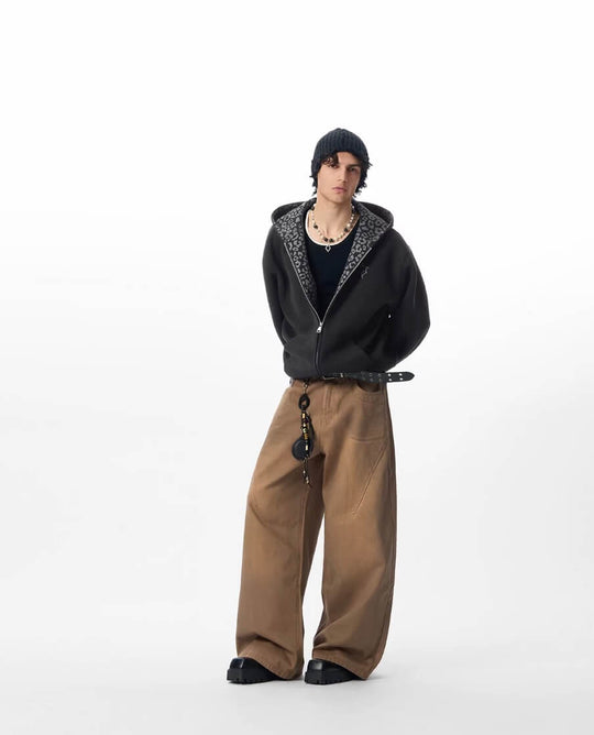 JHYQ Brown Washed 3D Cut Baggy Jeans | Face 3 Face