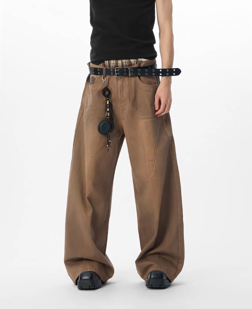 JHYQ Brown Washed 3D Cut Baggy Jeans | Face 3 Face