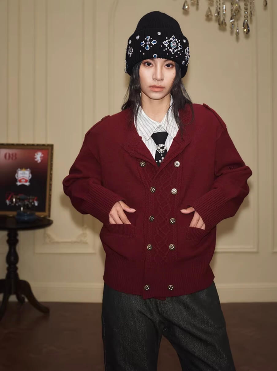 YADcrew Double Breasted Metal Button Cable Knit Cardigan | Face 3 Face