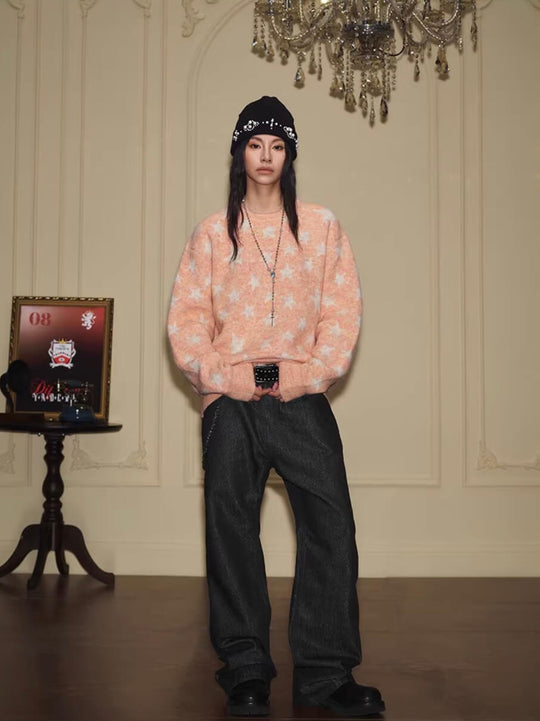 YADcrew All Over Star Fuzzy Knit Sweater | Face 3 Face