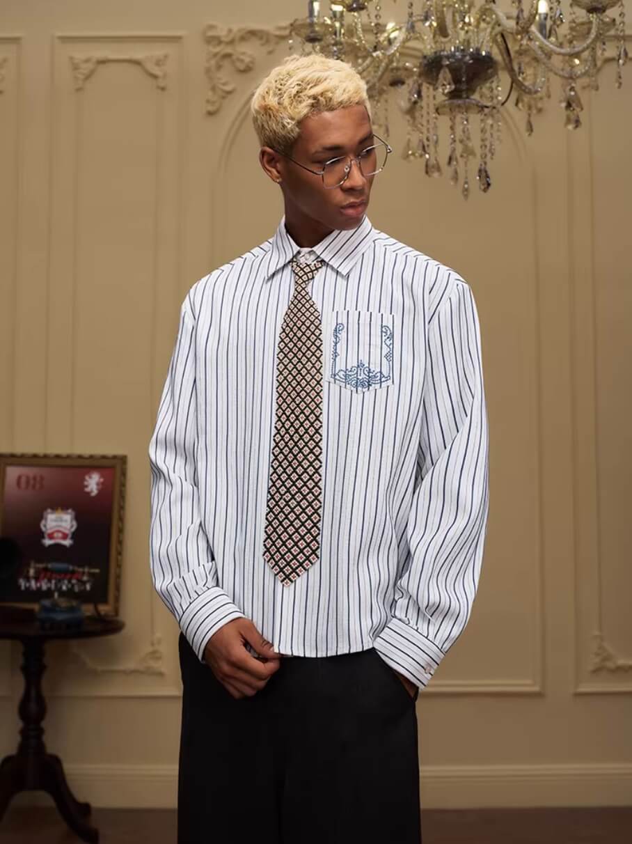 YADcrew Baroque Embroidered Striped Long Sleeve Shirt | Face 3 Face