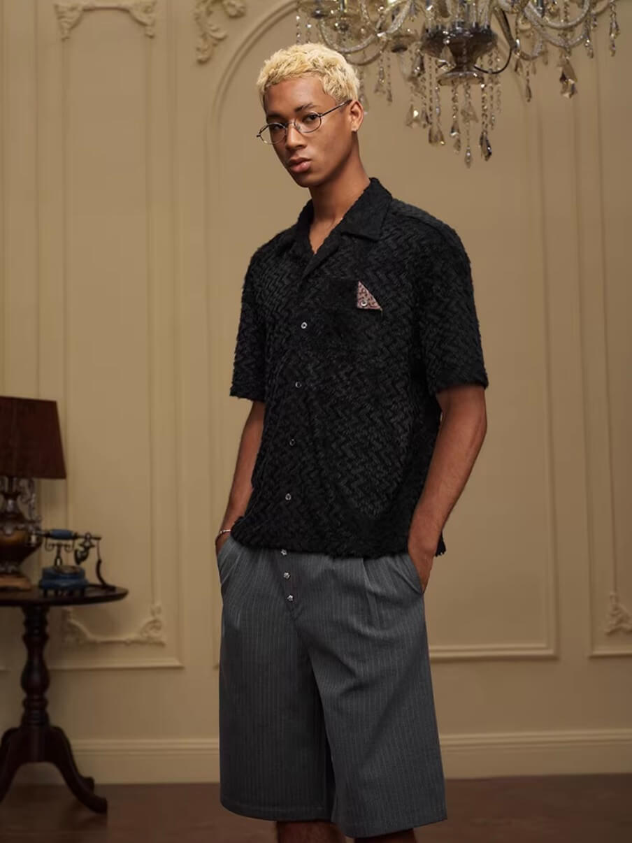 YADcrew Wavy Stripe Fuzzy Short Sleeve Shirt | Face 3 Face