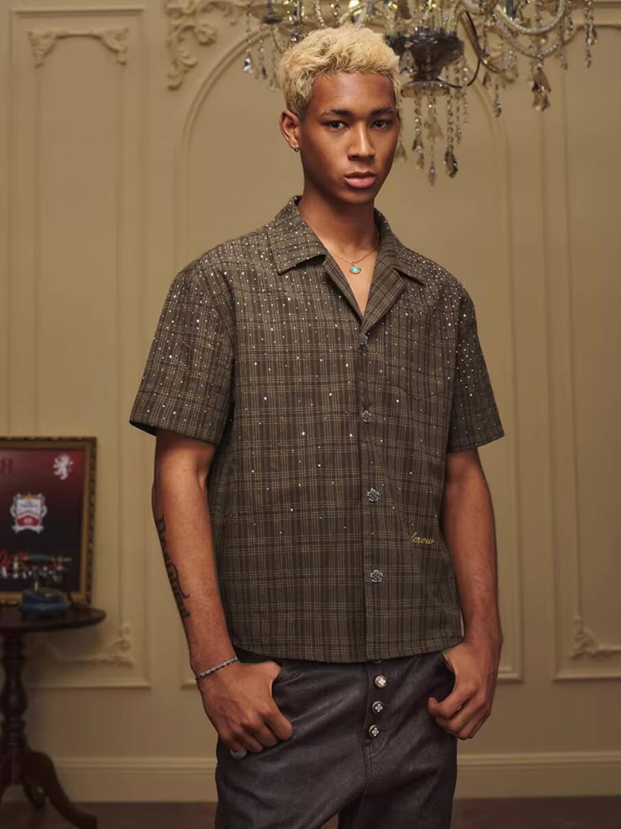 YADcrew Galaxy Rhinestone Plaid Short Sleeve Shirt | Face 3 Face