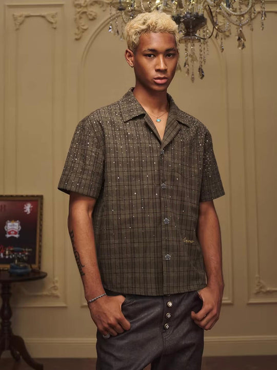 YADcrew Galaxy Rhinestone Plaid Short Sleeve Shirt | Face 3 Face