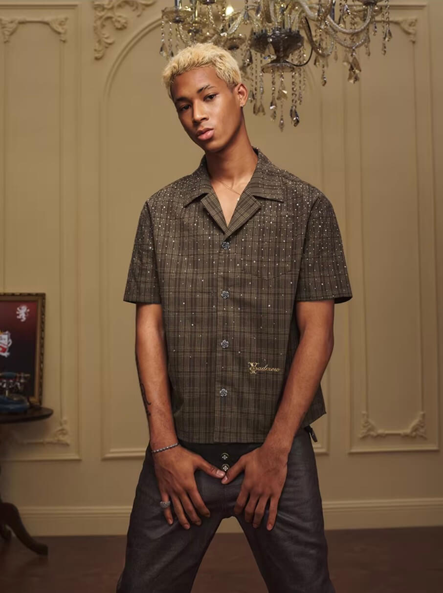 YADcrew Galaxy Rhinestone Plaid Short Sleeve Shirt | Face 3 Face