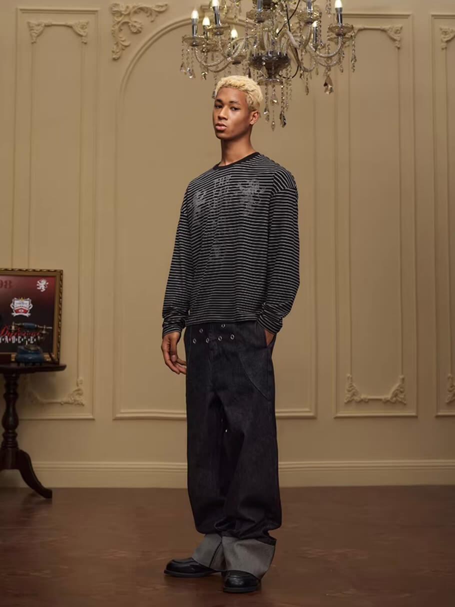 YADcrew Vintage Lion Print Striped Long Sleeve Tee | Face 3 Face