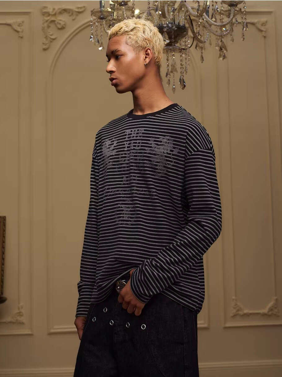 YADcrew Vintage Lion Print Striped Long Sleeve Tee | Face 3 Face