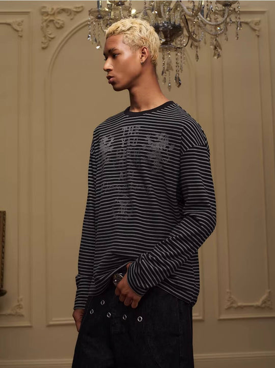 YADcrew Vintage Lion Print Striped Long Sleeve Tee | Face 3 Face