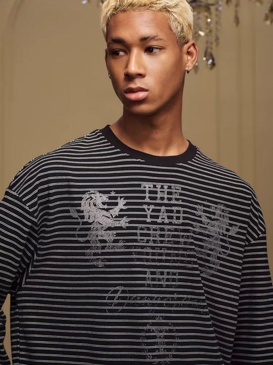 YADcrew Vintage Lion Print Striped Long Sleeve Tee | Face 3 Face