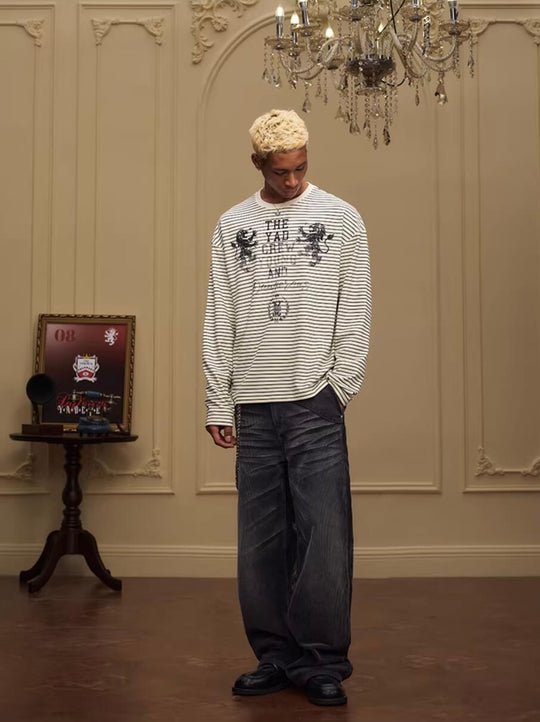 YADcrew Vintage Lion Print Striped Long Sleeve Tee | Face 3 Face