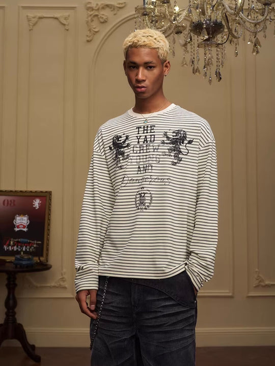 YADcrew Vintage Lion Print Striped Long Sleeve Tee | Face 3 Face
