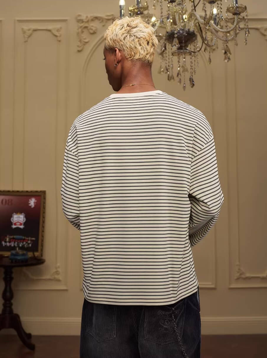 YADcrew Vintage Lion Print Striped Long Sleeve Tee | Face 3 Face