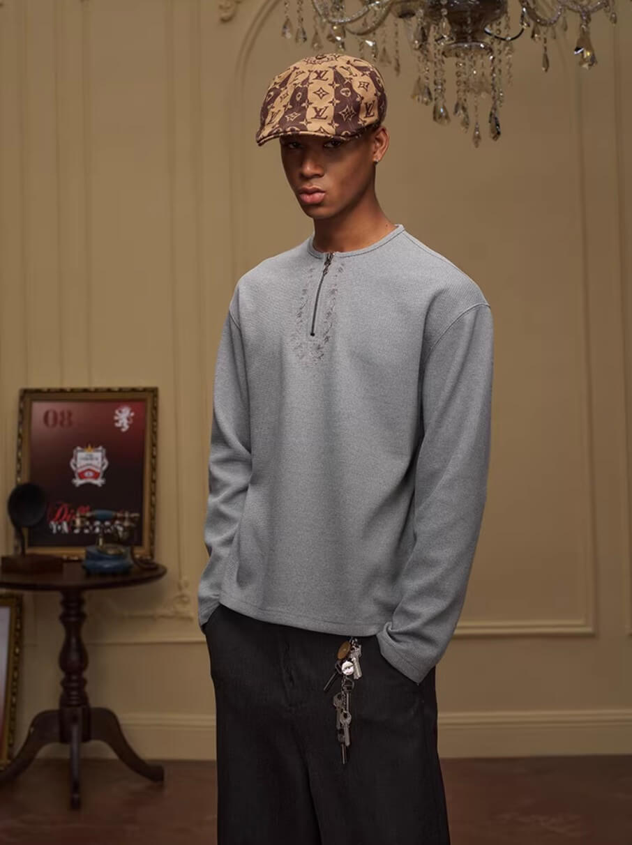 YADcrew Baroque Embroidered Half Zip Waffle Thermal Long Sleeve Tee | Face 3 Face