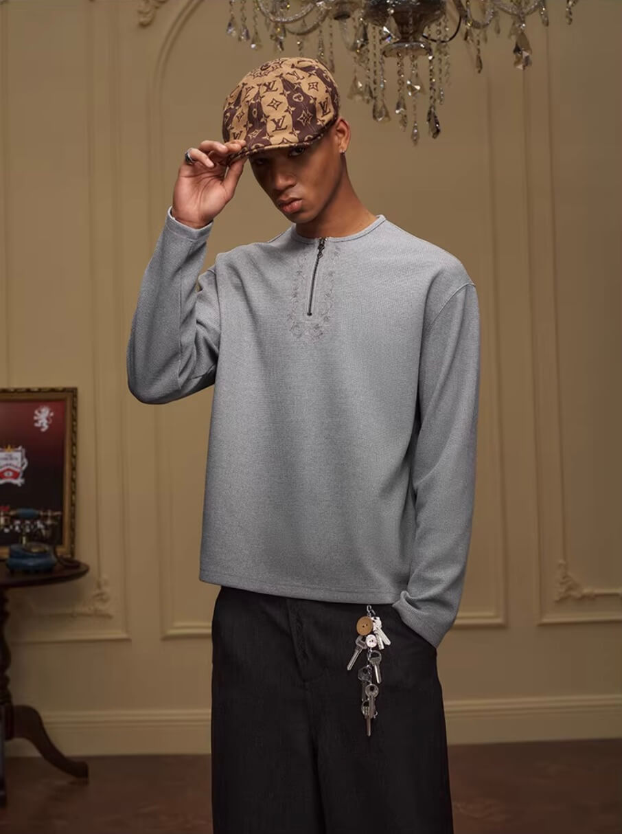 YADcrew Baroque Embroidered Half Zip Waffle Thermal Long Sleeve Tee | Face 3 Face