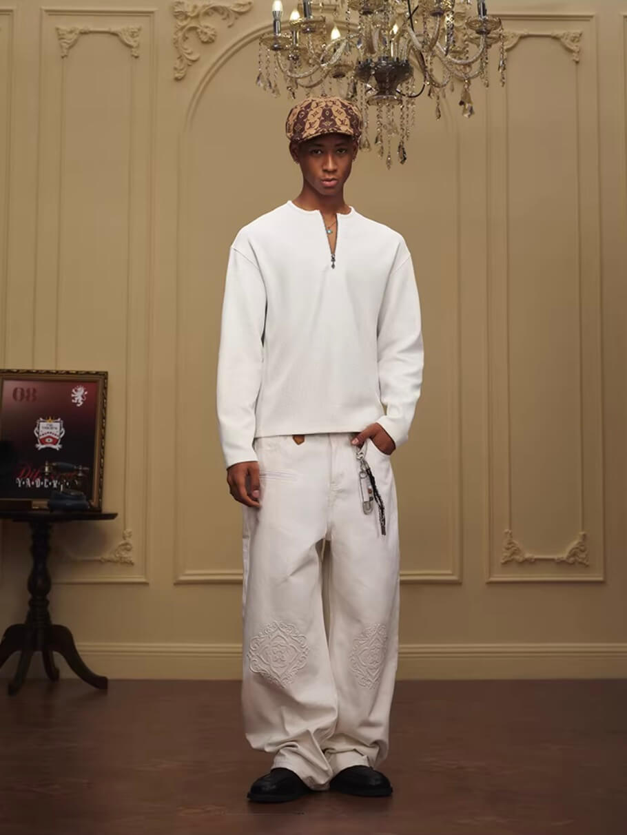 YADcrew Baroque Embroidered Half Zip Waffle Thermal Long Sleeve Tee | Face 3 Face