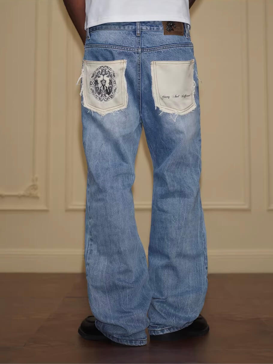 YADcrew Contrast Frayed Back Pocket Center Seam Washed Jeans | Face 3 Face