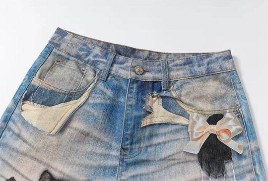 YADcrew Black Cat And Bow Print Baggy Jeans | Face 3 Face