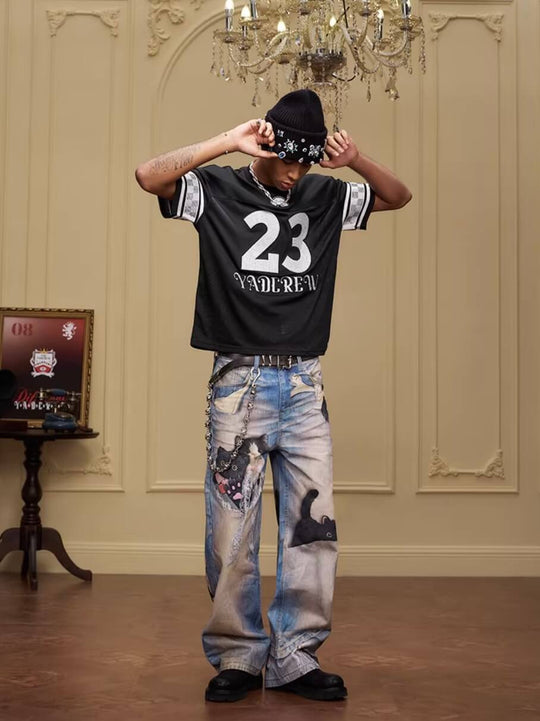 YADcrew Black Cat And Bow Print Baggy Jeans | Face 3 Face