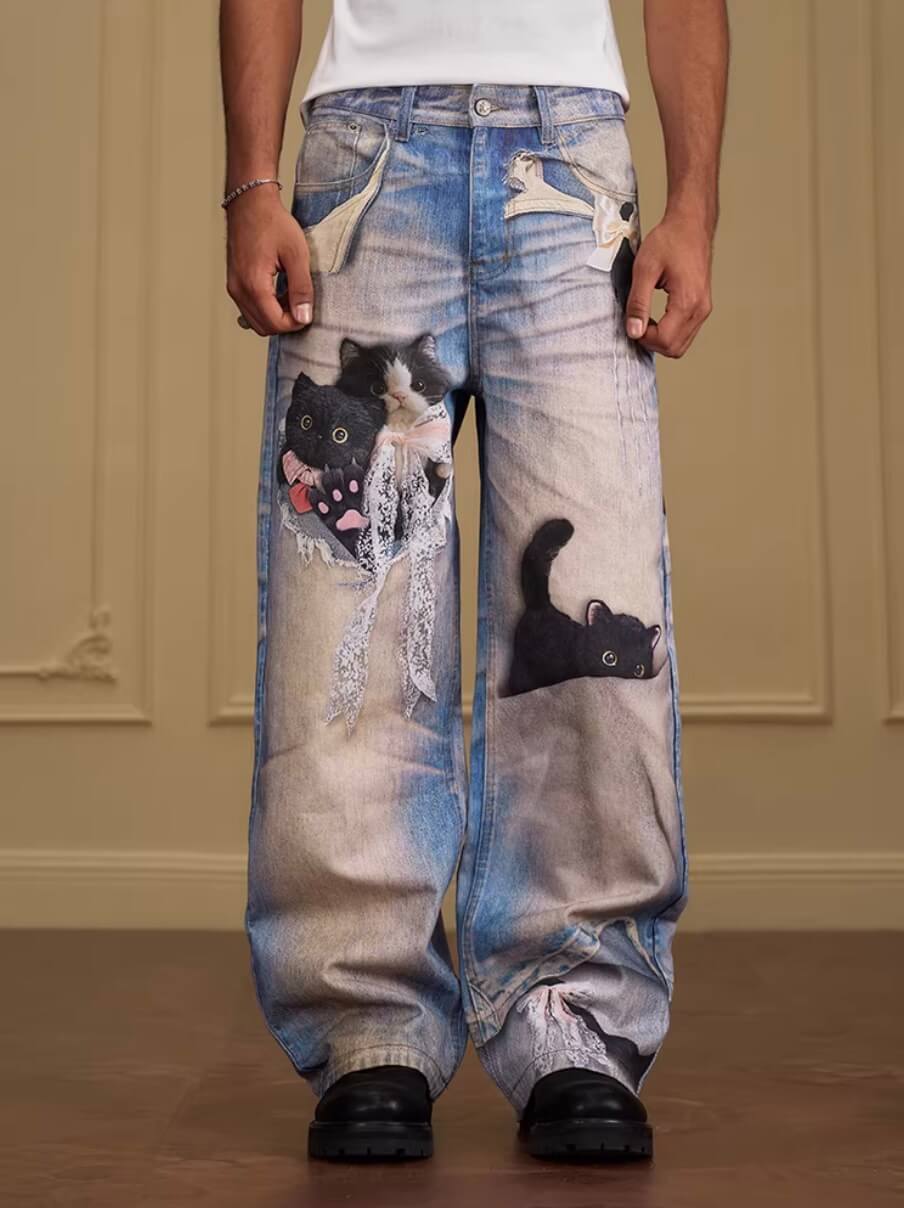 YADcrew Black Cat And Bow Print Baggy Jeans | Face 3 Face