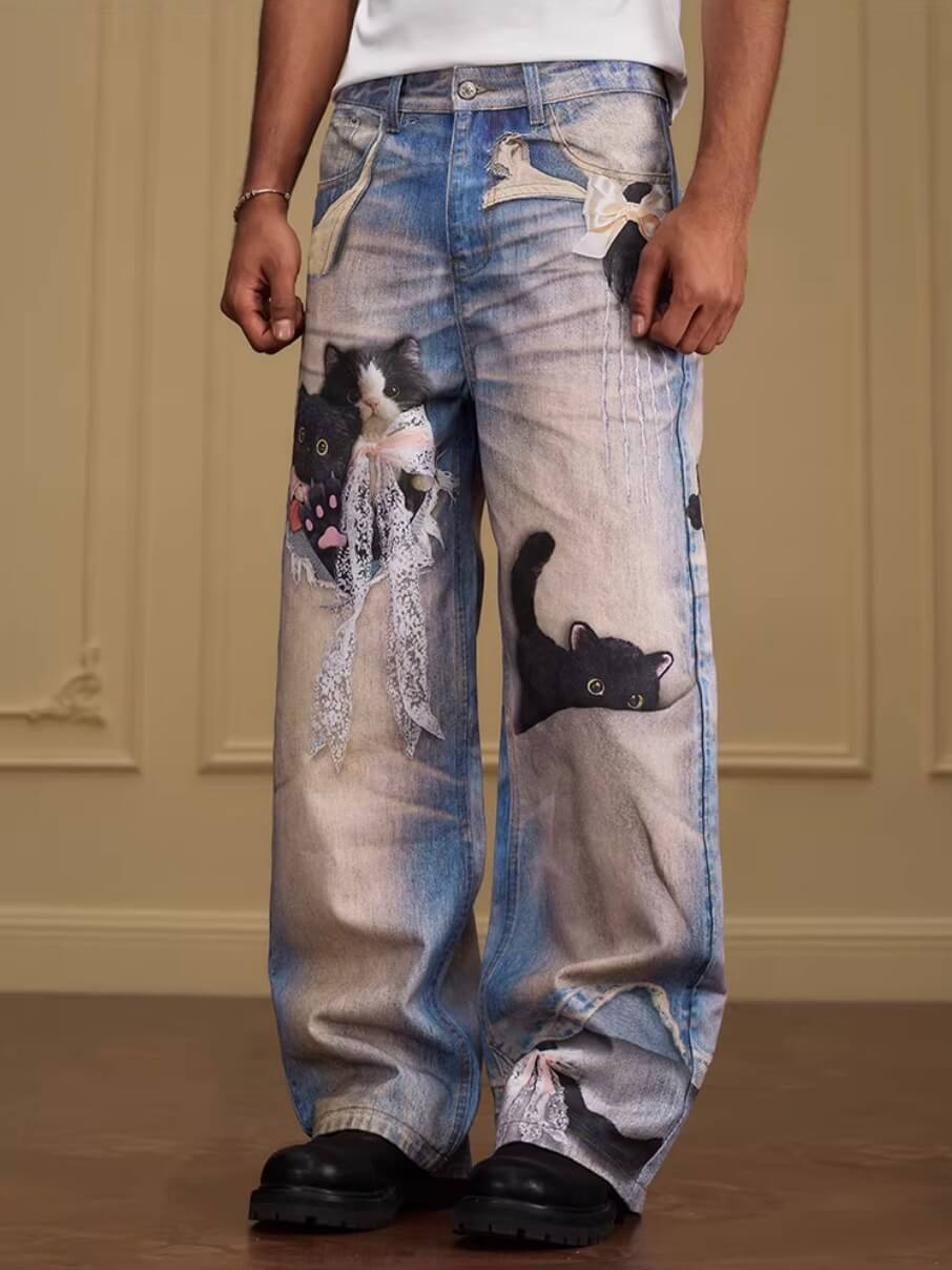 YADcrew Black Cat And Bow Print Baggy Jeans | Face 3 Face