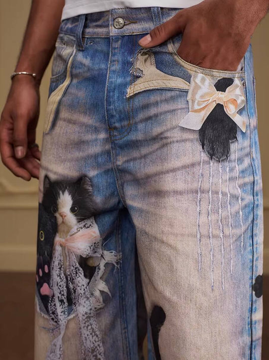 YADcrew Black Cat And Bow Print Baggy Jeans | Face 3 Face