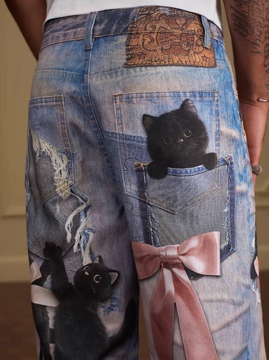 YADcrew Black Cat And Bow Print Baggy Jeans | Face 3 Face
