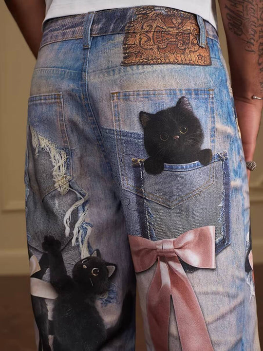 YADcrew Black Cat And Bow Print Baggy Jeans | Face 3 Face
