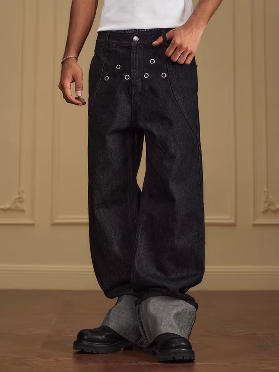 YADcrew Silver Eyelet Contrast Cuff Baggy Jeans | Face 3 Face